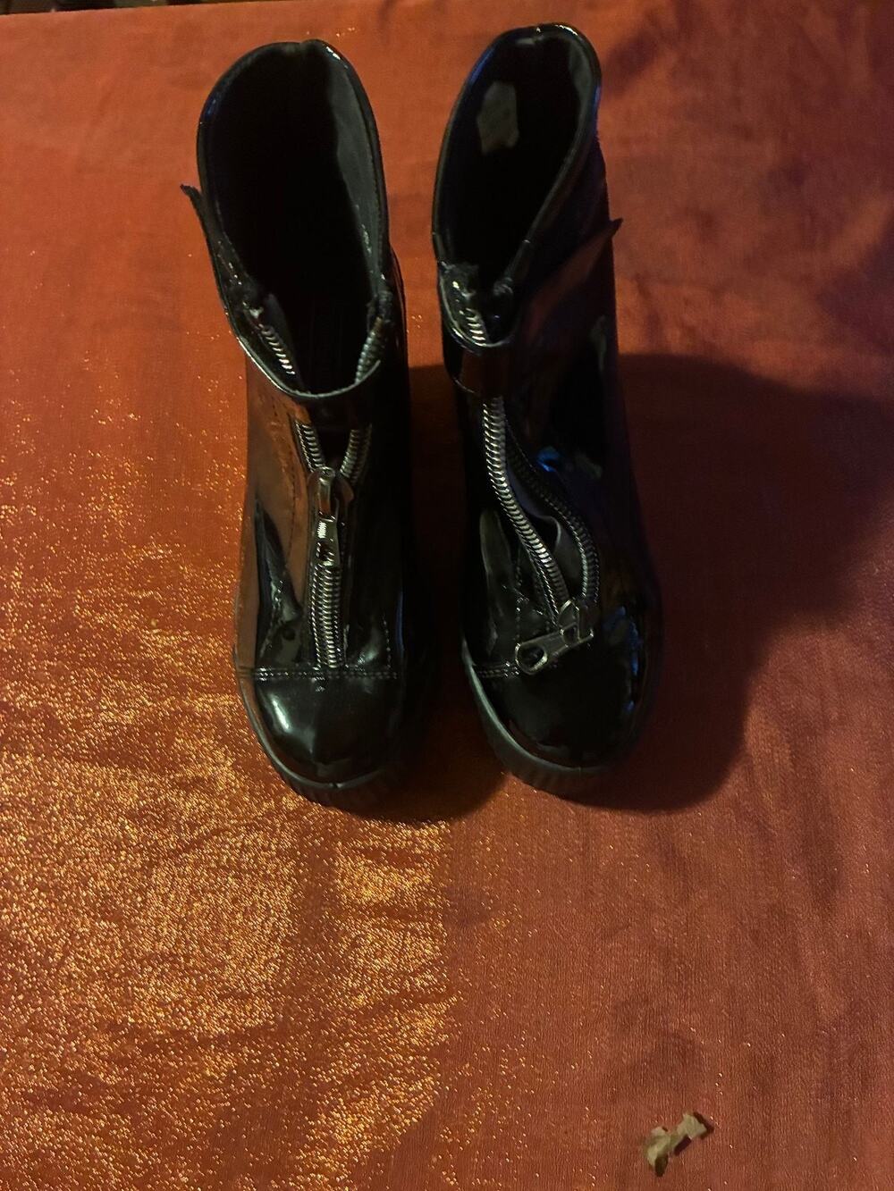 Topshop Boots Womens 5 Black Patent Ankle Front Zip Platform Chunky Heel